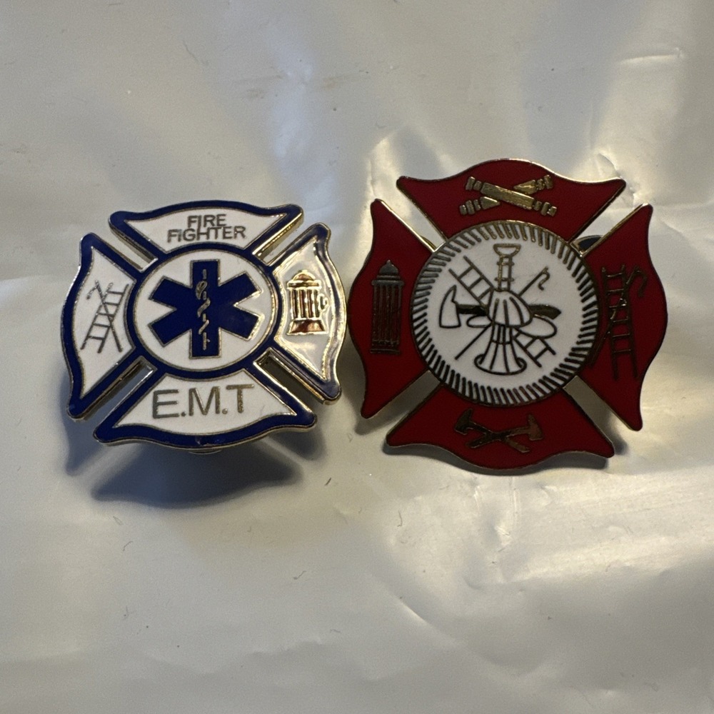 2pcs Vintage Fire Fighter E.M.T. Emt Hat Coat Vest Lapel Pin